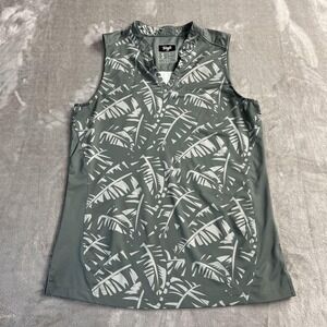 Waggle Polo Shirt Womens Small Green Sleeveless Palm Print Stretch Golf Top
